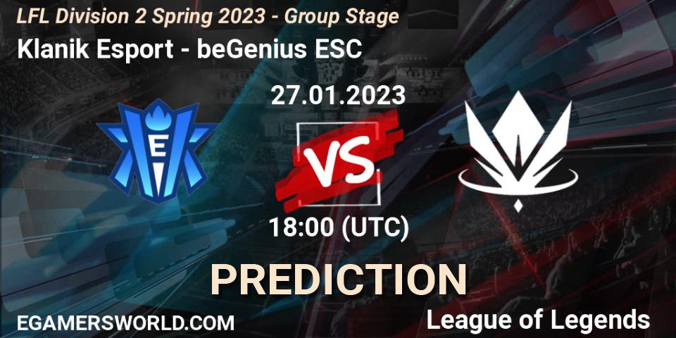 Klanik Esport vs beGenius ESC: Match Prediction. 27.01.2023 at 18:00, LoL, LFL Division 2 Spring 2023 - Group Stage