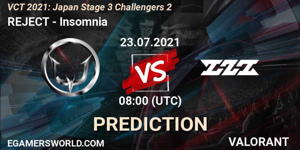 REJECT vs Insomnia: Match Prediction. 23.07.2021 at 08:00, VALORANT, VCT 2021: Japan Stage 3 Challengers 2