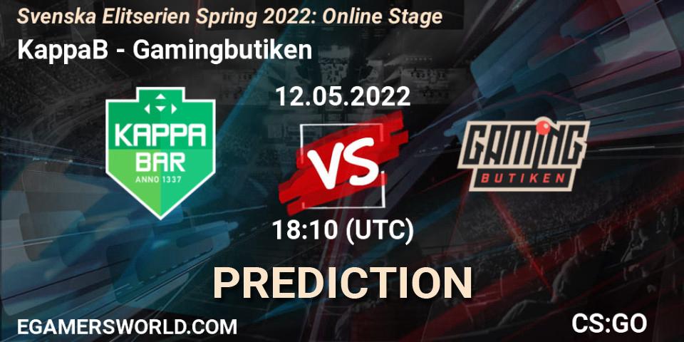 KappaB vs Gamingbutiken: Match Prediction. 12.05.2022 at 18:10, Counter-Strike (CS2), Svenska Elitserien Spring 2022: Online Stage