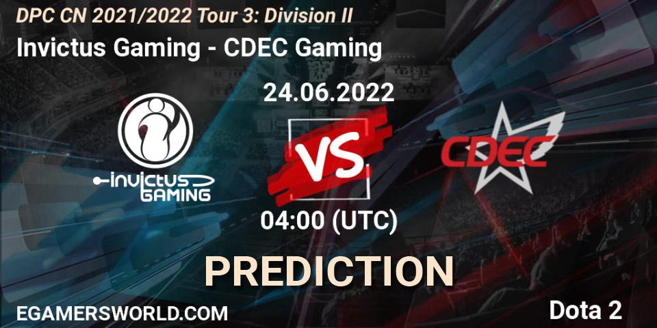 Invictus Gaming vs CDEC Gaming: Match Prediction. 24.06.2022 at 04:07, Dota 2, DPC CN 2021/2022 Tour 3: Division II