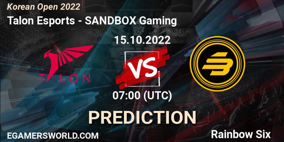 Talon Esports vs SANDBOX Gaming: Match Prediction. 15.10.2022 at 07:00, Rainbow Six, Korean Open 2022