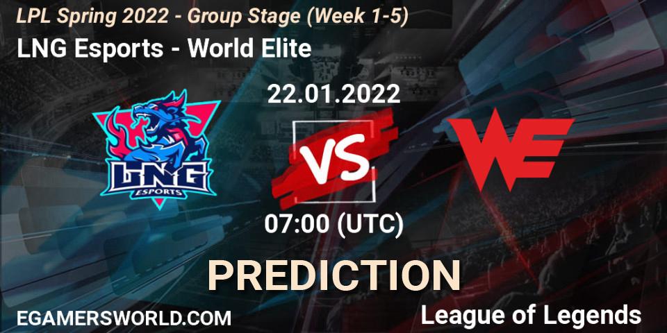 LNG Esports vs World Elite: Match Prediction. 22.01.2022 at 07:00, LoL, LPL Spring 2022 - Group Stage (Week 1-5)