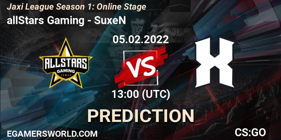 allStars Gaming vs SuxeN: Match Prediction. 05.02.2022 at 13:00, Counter-Strike (CS2), Jaxi League Season 1: Online Stage