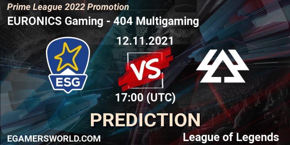 EURONICS Gaming vs 404 Multigaming: Match Prediction. 12.11.21, LoL, Prime League 2022 Promotion