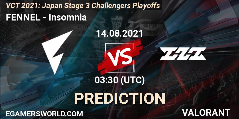FENNEL vs Insomnia: Match Prediction. 14.08.2021 at 03:30, VALORANT, VCT 2021: Japan Stage 3 Challengers Playoffs