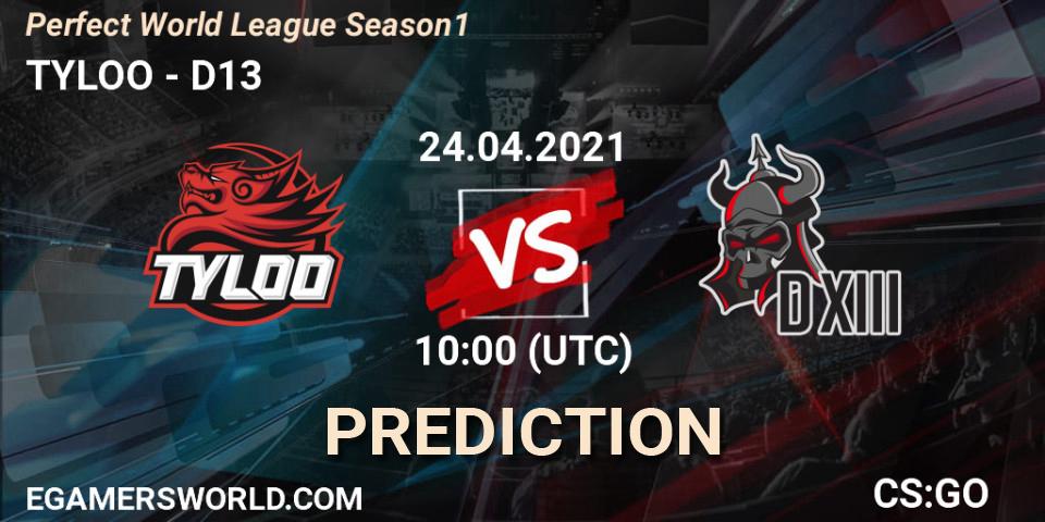 TYLOO vs D13: Match Prediction. 24.04.2021 at 10:00, Counter-Strike (CS2), Perfect World League Season 1