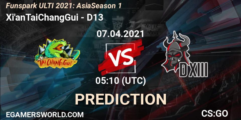 Xi'anTaiChangGui vs D13: Match Prediction. 07.04.2021 at 08:45, Counter-Strike (CS2), Funspark ULTI 2021: Asia Season 1