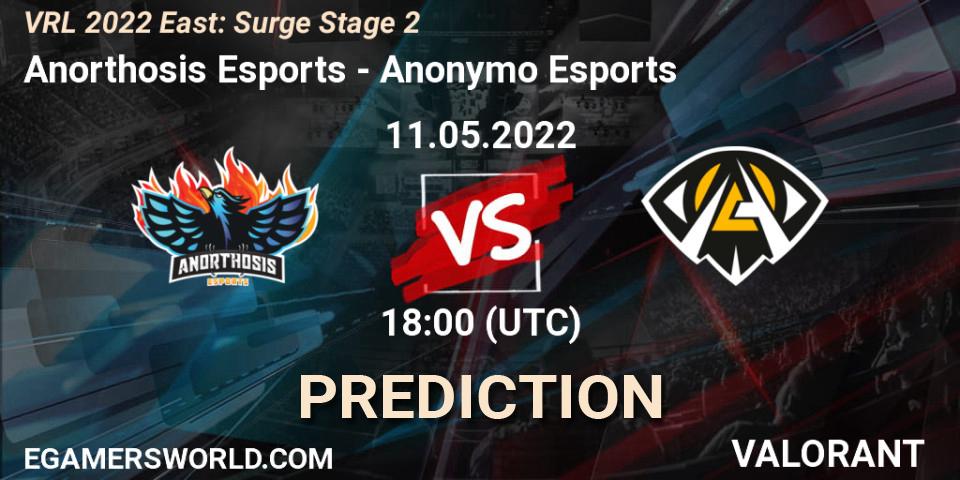 Anorthosis Esports vs Anonymo Esports: Match Prediction. 11.05.2022 at 19:20, VALORANT, VRL 2022 East: Surge Stage 2