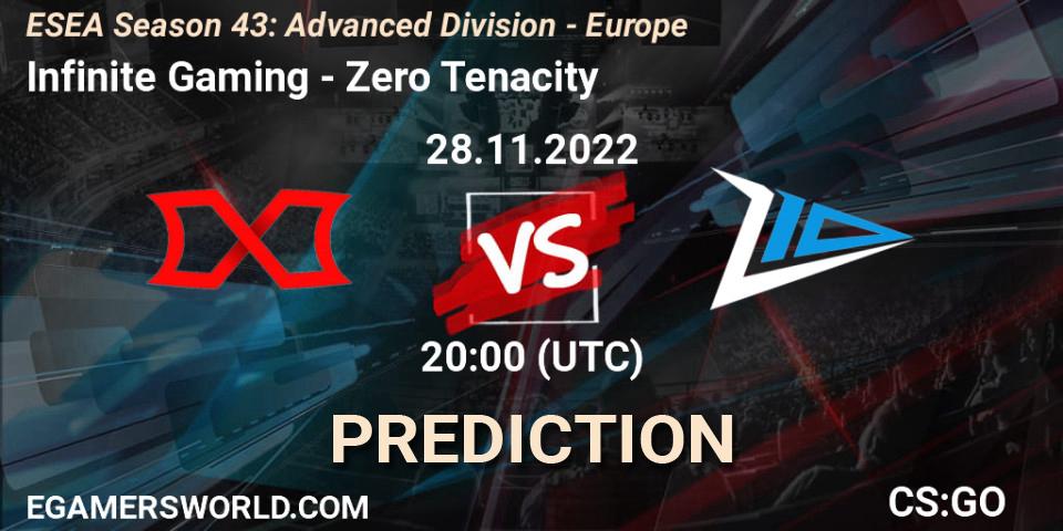 Infinite Gaming vs Zero Tenacity: Match Prediction. 28.11.2022 at 20:00, Counter-Strike (CS2), ESEA Season 43: Advanced Division - Europe