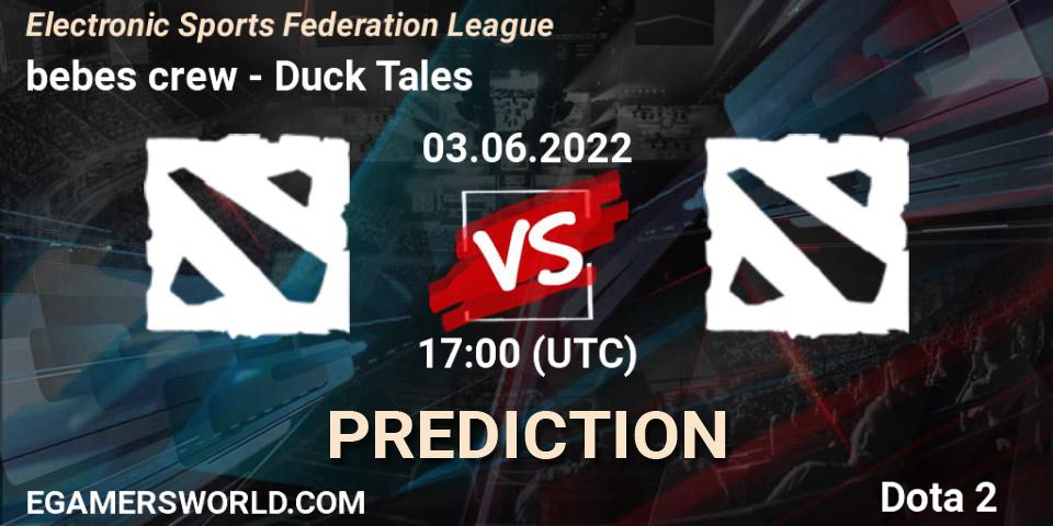 bebes crew vs Duck Tales: Match Prediction. 03.06.2022 at 17:48, Dota 2, Electronic Sports Federation League