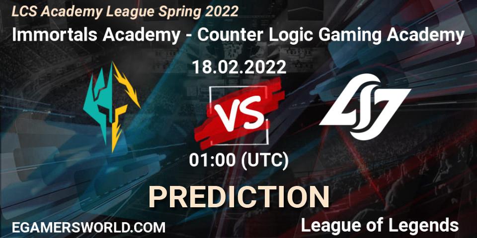 Immortals Academy vs Counter Logic Gaming Academy: Match Prediction. 18.02.2022 at 00:50, LoL, LCS Academy League Spring 2022