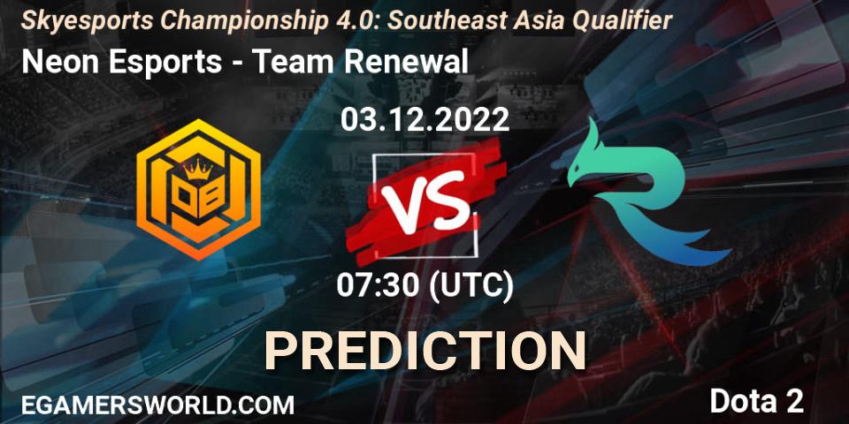 Neon Esports vs Team Renewal: Match Prediction. 03.12.2022 at 07:29, Dota 2, Skyesports Championship 4.0: Southeast Asia Qualifier