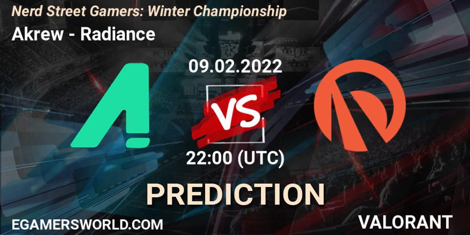 Akrew vs Radiance: Match Prediction. 09.02.2022 at 22:00, VALORANT, Nerd Street Gamers: Winter Championship