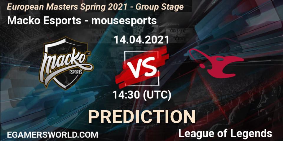 Macko Esports vs mousesports: Match Prediction. 22.04.2021 at 16:30, LoL, European Masters Spring 2021 - Group Stage