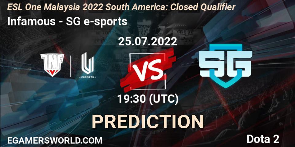 Infamous vs SG e-sports: Match Prediction. 25.07.2022 at 19:33, Dota 2, ESL One Malaysia 2022 South America: Closed Qualifier