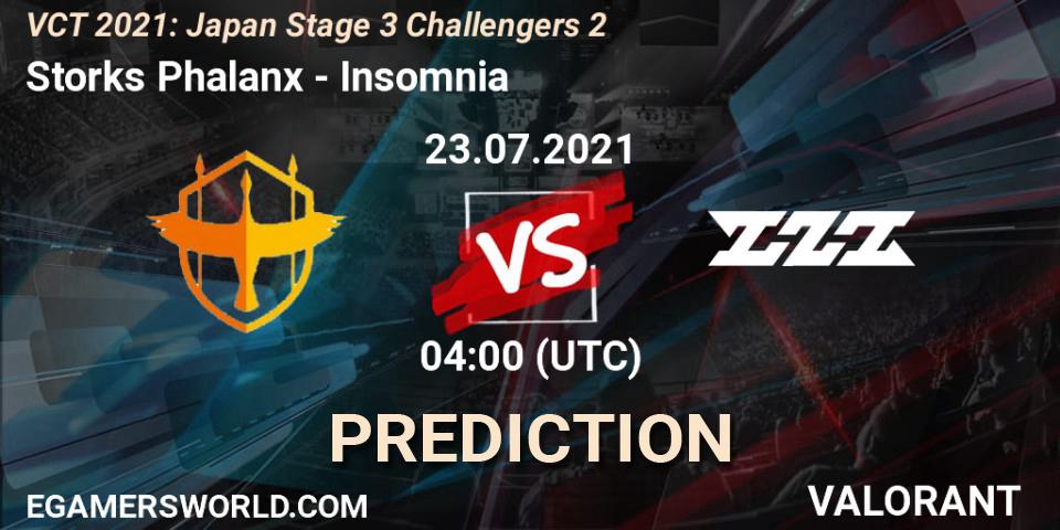 Storks Phalanx vs Insomnia: Match Prediction. 23.07.2021 at 04:00, VALORANT, VCT 2021: Japan Stage 3 Challengers 2