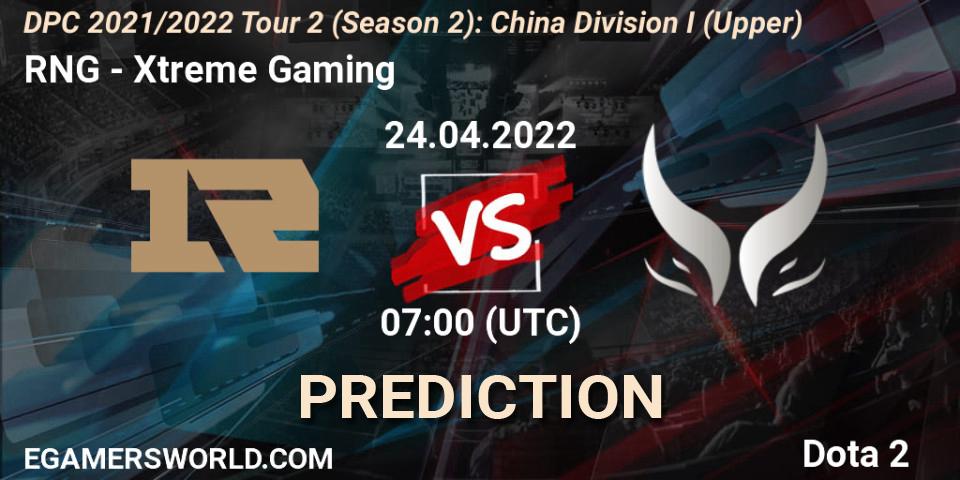 RNG vs Xtreme Gaming: Match Prediction. 24.04.2022 at 07:03, Dota 2, DPC 2021/2022 Tour 2 (Season 2): China Division I (Upper)