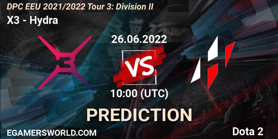 X3 vs Hydra: Match Prediction. 26.06.2022 at 10:00, Dota 2, DPC EEU 2021/2022 Tour 3: Division II