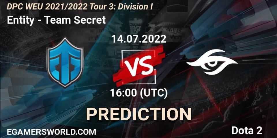 Entity vs Team Secret: Match Prediction. 14.07.2022 at 16:35, Dota 2, DPC WEU 2021/2022 Tour 3: Division I