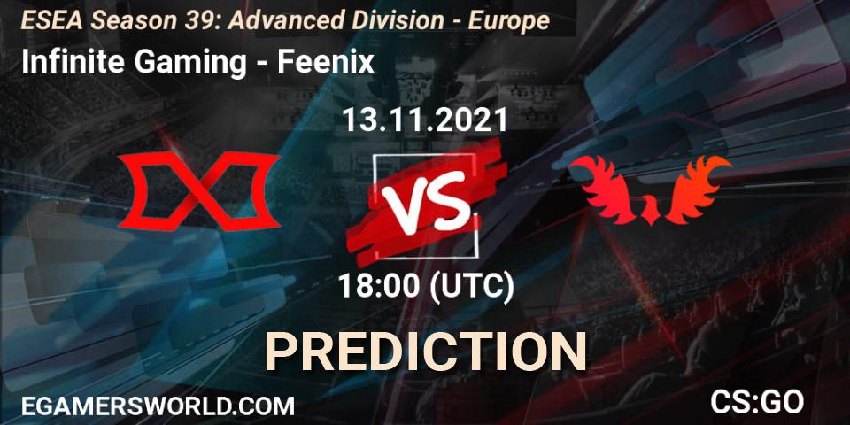 Infinite Gaming vs Feenix: Match Prediction. 13.11.2021 at 18:00, Counter-Strike (CS2), ESEA Season 39: Advanced Division - Europe