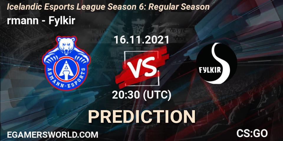 Ármann vs Fylkir: Match Prediction. 16.11.2021 at 20:30, Counter-Strike (CS2), Icelandic Esports League Season 6: Regular Season