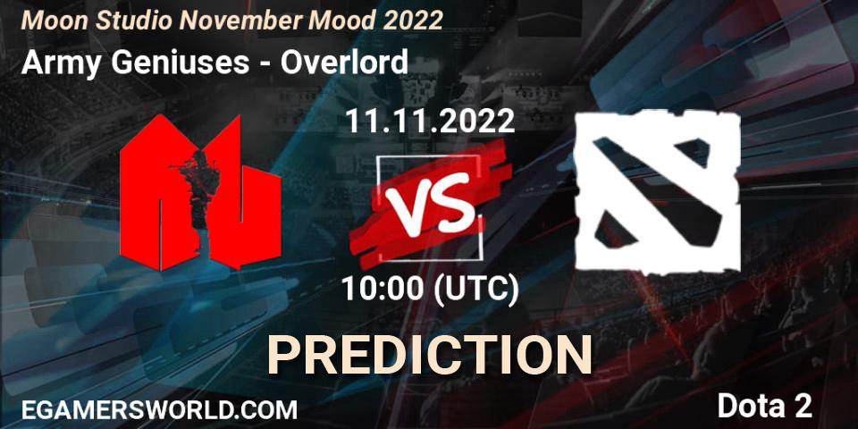 Army Geniuses vs Overlord: Match Prediction. 11.11.2022 at 11:00, Dota 2, Moon Studio November Mood 2022