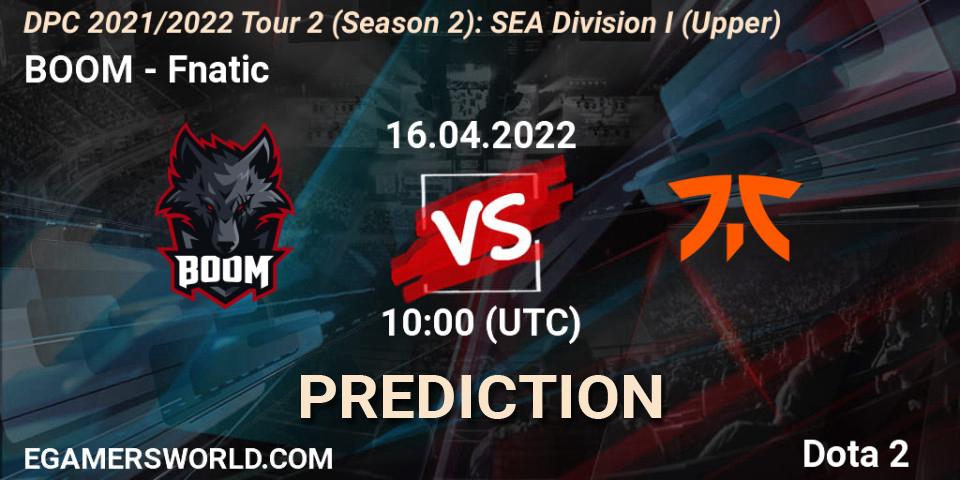 BOOM vs Fnatic: Match Prediction. 16.04.2022 at 10:04, Dota 2, DPC 2021/2022 Tour 2 (Season 2): SEA Division I (Upper)