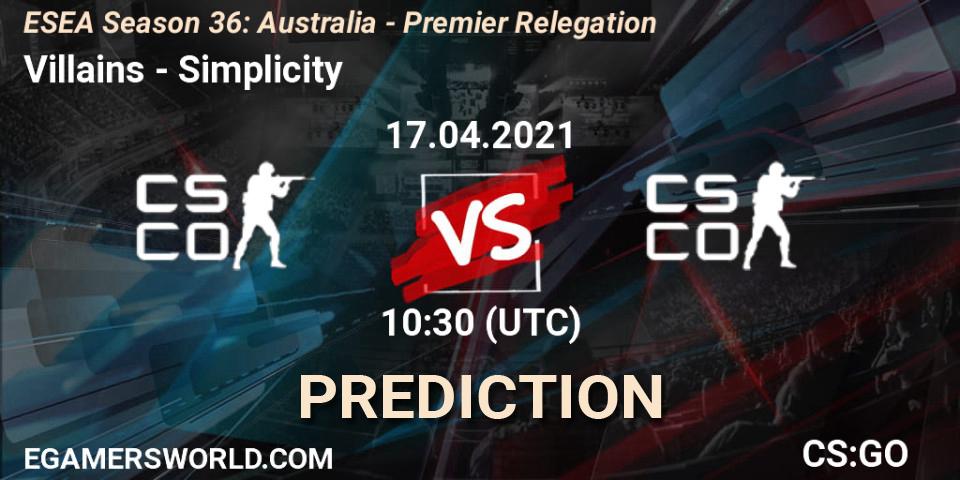Villains vs Simplicity: Match Prediction. 17.04.2021 at 10:30, Counter-Strike (CS2), ESEA Season 36: Australia - Premier Relegation