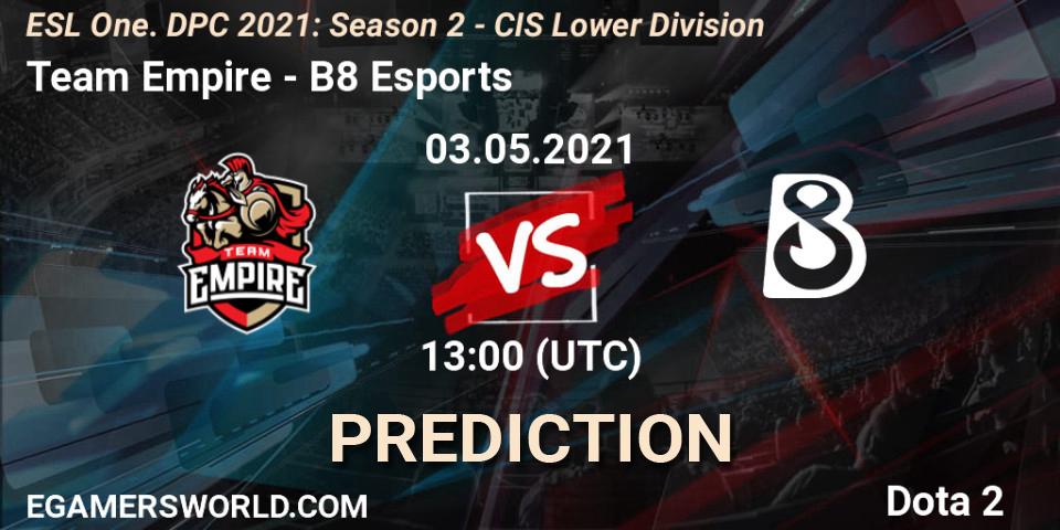Team Empire vs B8 Esports: Match Prediction. 03.05.2021 at 12:55, Dota 2, ESL One. DPC 2021: Season 2 - CIS Lower Division