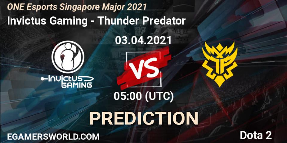 Invictus Gaming vs Thunder Predator: Match Prediction. 03.04.2021 at 06:04, Dota 2, ONE Esports Singapore Major 2021