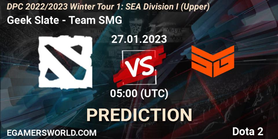 Geek Slate vs Team SMG: Match Prediction. 27.01.2023 at 06:38, Dota 2, DPC 2022/2023 Winter Tour 1: SEA Division I (Upper)