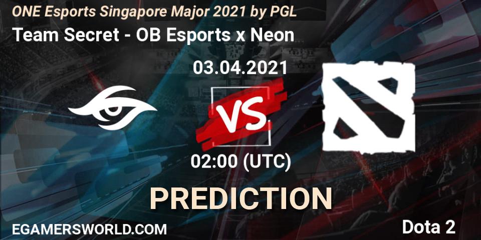 Team Secret vs OB Esports x Neon: Match Prediction. 03.04.2021 at 02:01, Dota 2, ONE Esports Singapore Major 2021