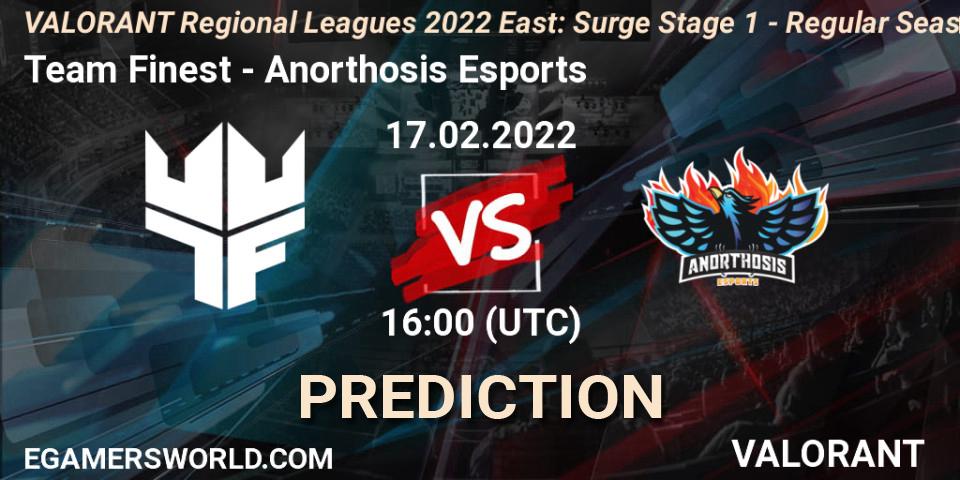 Team Finest vs Anorthosis Esports: Match Prediction. 17.02.2022 at 16:00, VALORANT, VALORANT Regional Leagues 2022 East: Surge Stage 1 - Regular Season