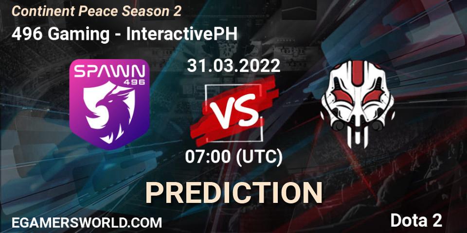 496 Gaming vs InteractivePH: Match Prediction. 31.03.2022 at 07:10, Dota 2, Continent Peace Season 2 