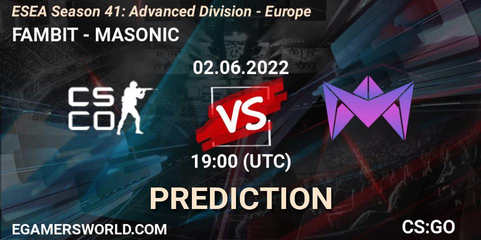 FAMBIT vs MASONIC: Match Prediction. 02.06.2022 at 19:00, Counter-Strike (CS2), ESEA Season 41: Advanced Division - Europe