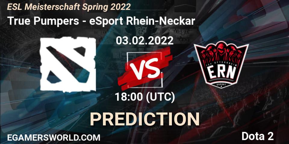 True Pumpers vs eSport Rhein-Neckar: Match Prediction. 03.02.2022 at 17:59, Dota 2, ESL Meisterschaft Spring 2022