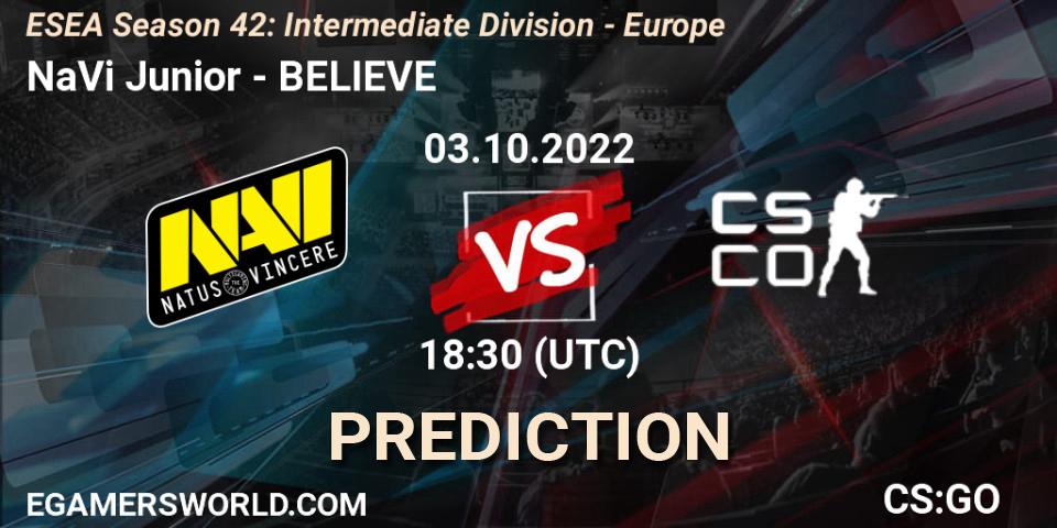 NaVi Junior vs BELIEVE: Match Prediction. 03.10.2022 at 17:00, Counter-Strike (CS2), ESEA Season 42: Intermediate Division - Europe