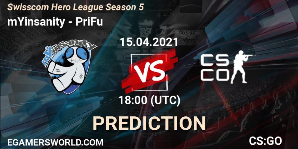 mYinsanity vs PriFu: Match Prediction. 15.04.2021 at 18:00, Counter-Strike (CS2), Swisscom Hero League Season 5