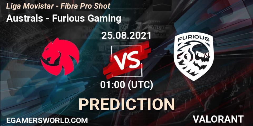 Australs vs Furious Gaming: Match Prediction. 25.08.2021 at 02:00, VALORANT, Liga Movistar - Fibra Pro Shot