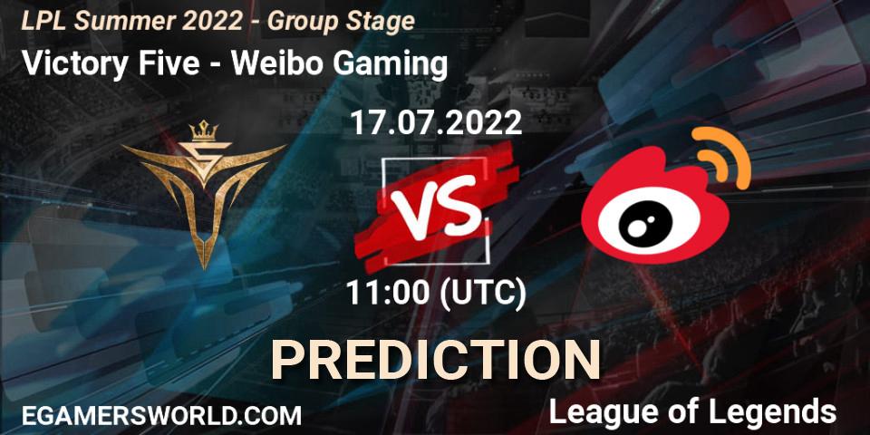 Victory Five vs Weibo Gaming: Match Prediction. 17.07.2022 at 12:20, LoL, LPL Summer 2022 - Group Stage