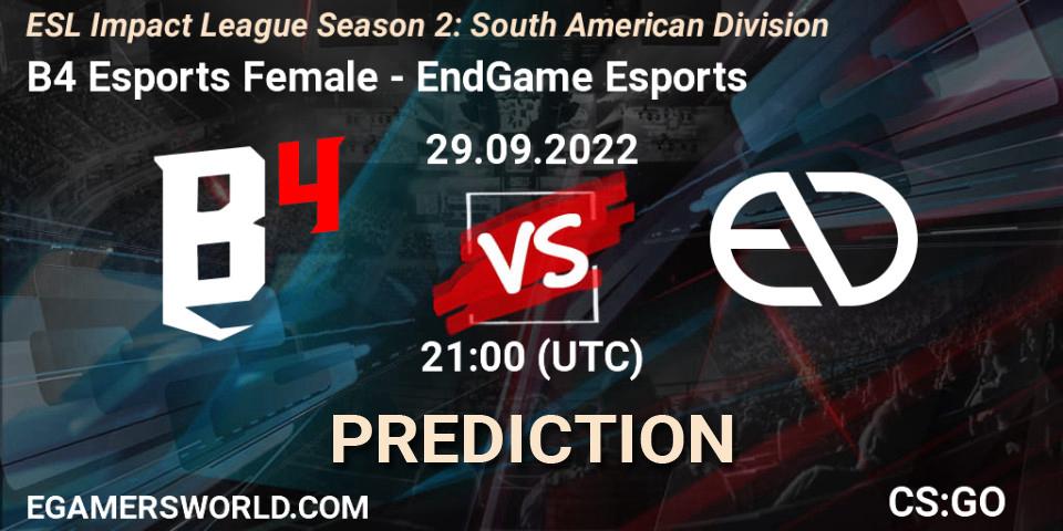 B4 Esports Female vs EndGame Esports: Match Prediction. 29.09.22, CS2 (CS:GO), ESL Impact League Season 2: South American Division