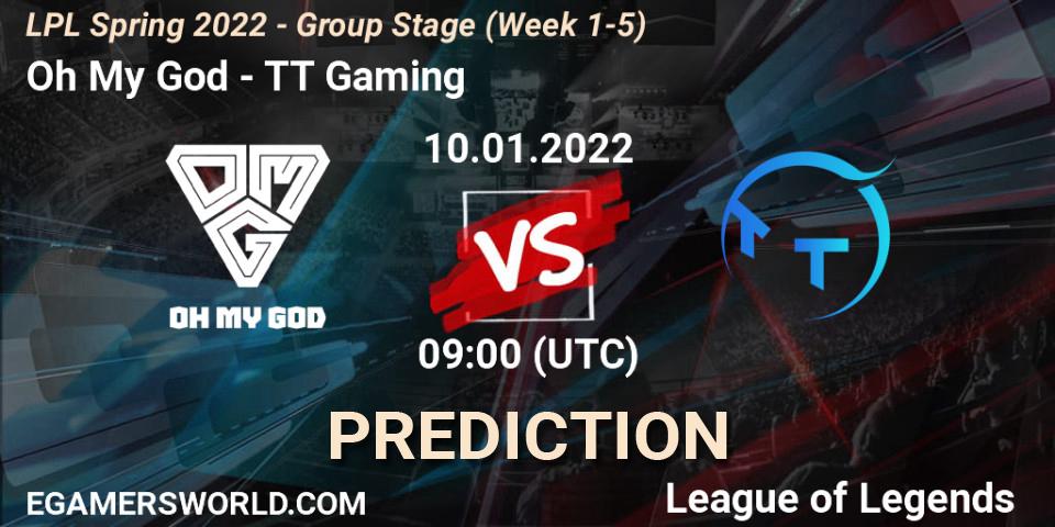 Oh My God vs TT Gaming: Match Prediction. 10.01.2022 at 09:00, LoL, LPL Spring 2022 - Group Stage (Week 1-5)