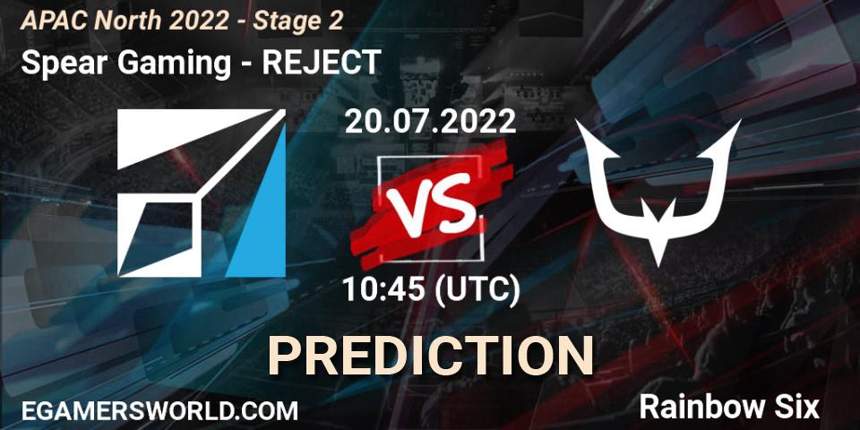 Spear Gaming vs REJECT: Match Prediction. 20.07.2022 at 10:45, Rainbow Six, APAC North 2022 - Stage 2