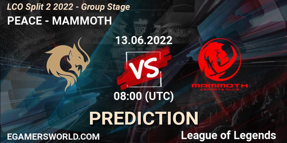 PEACE vs MAMMOTH: Match Prediction. 13.06.2022 at 08:00, LoL, LCO Split 2 2022 - Group Stage