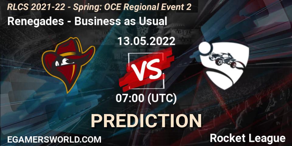 Renegades vs Business as Usual: Match Prediction. 13.05.2022 at 07:00, Rocket League, RLCS 2021-22 - Spring: OCE Regional Event 2