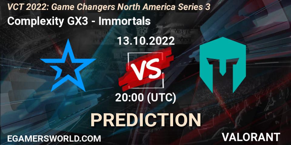 Complexity GX3 vs Immortals: Match Prediction. 13.10.2022 at 20:10, VALORANT, VCT 2022: Game Changers North America Series 3