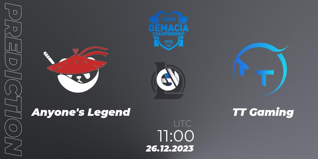 Anyone's Legend vs TT Gaming: Match Prediction. 26.12.23, LoL, Demacia Cup 2023 Group Stage