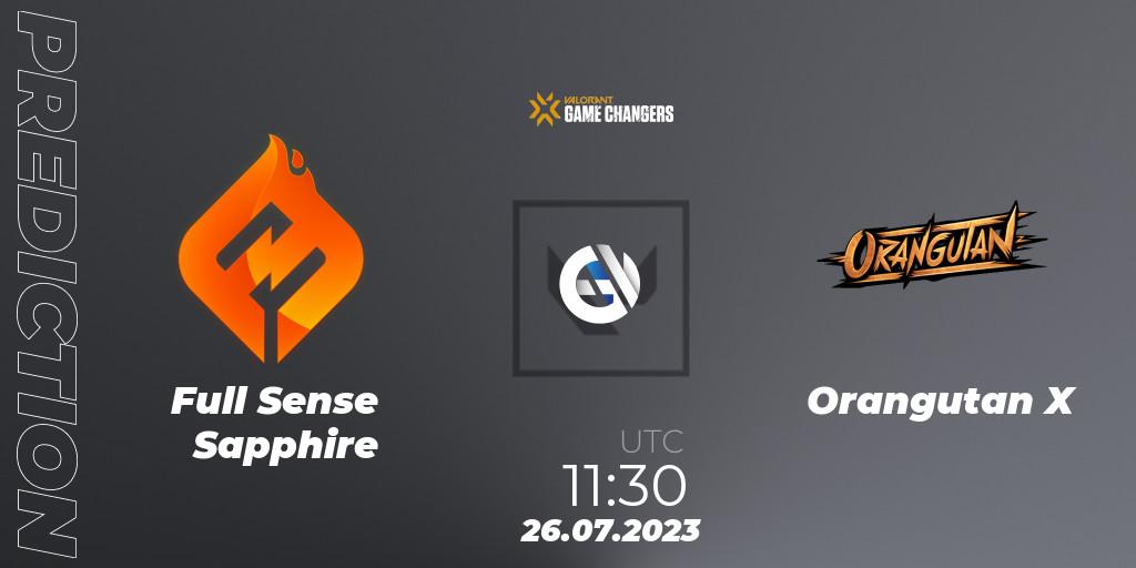 Full Sense Sapphire vs Orangutan X: Match Prediction. 26.07.2023 at 11:45, VALORANT, VCT 2023: Game Changers APAC Open 3