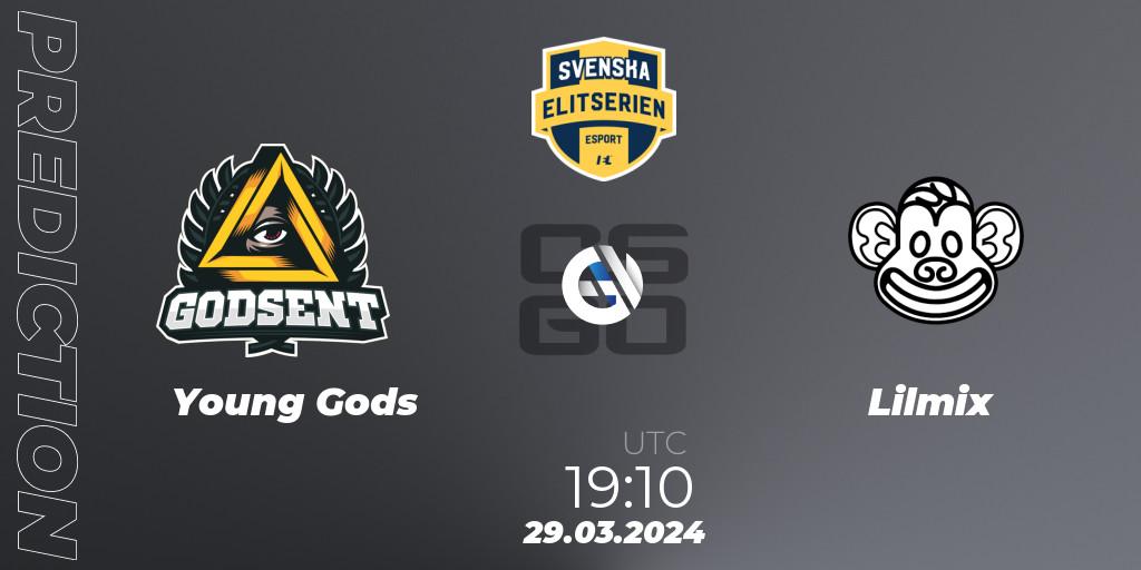 Young Gods vs Lilmix: Match Prediction. 29.03.2024 at 19:10, Counter-Strike (CS2), Svenska Elitserien Spring 2024