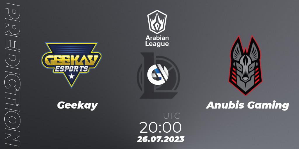 Geekay vs Anubis Gaming: Match Prediction. 26.07.2023 at 20:45, LoL, Arabian League Summer 2023 - Group Stage